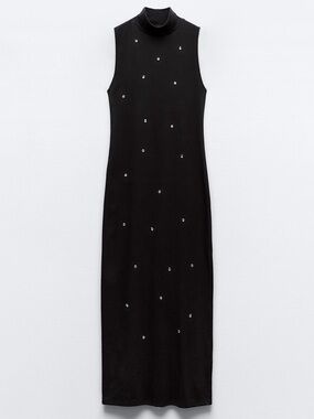 Zara Black Sleeveless Turtleneck Maxi Dress with Stud Accents